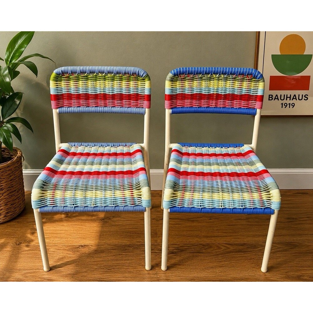 Rare IKEA FÄRGGLAD Kids Chairs Set 2 Colorful Woven Plastic Metal Vintage Y2K